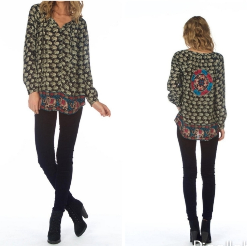 Tolani Anthropologie 100% Silk Elephant Motif Tunic Size Large